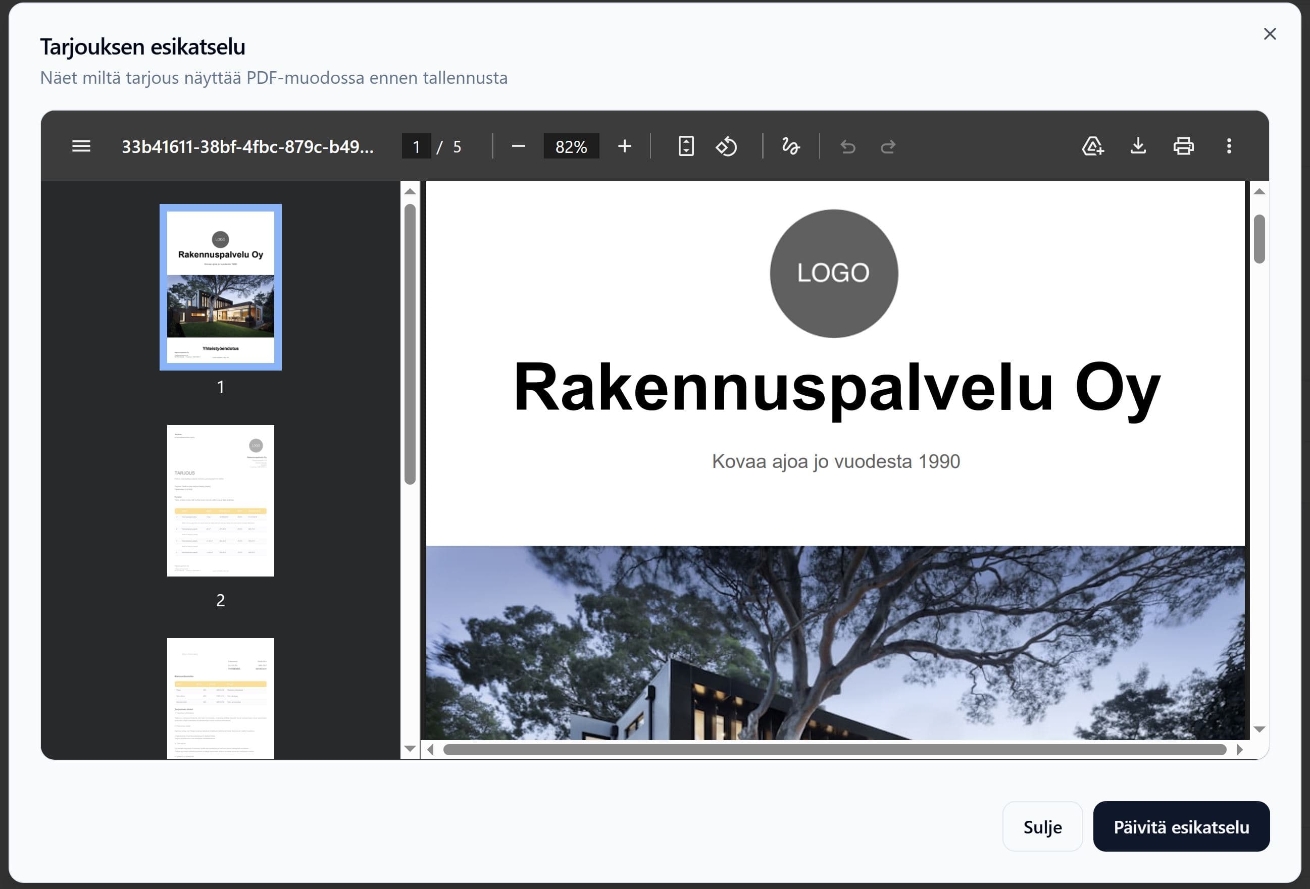 Tarjouksen PDF-esikatselu Fisasissa ennen lähetystä