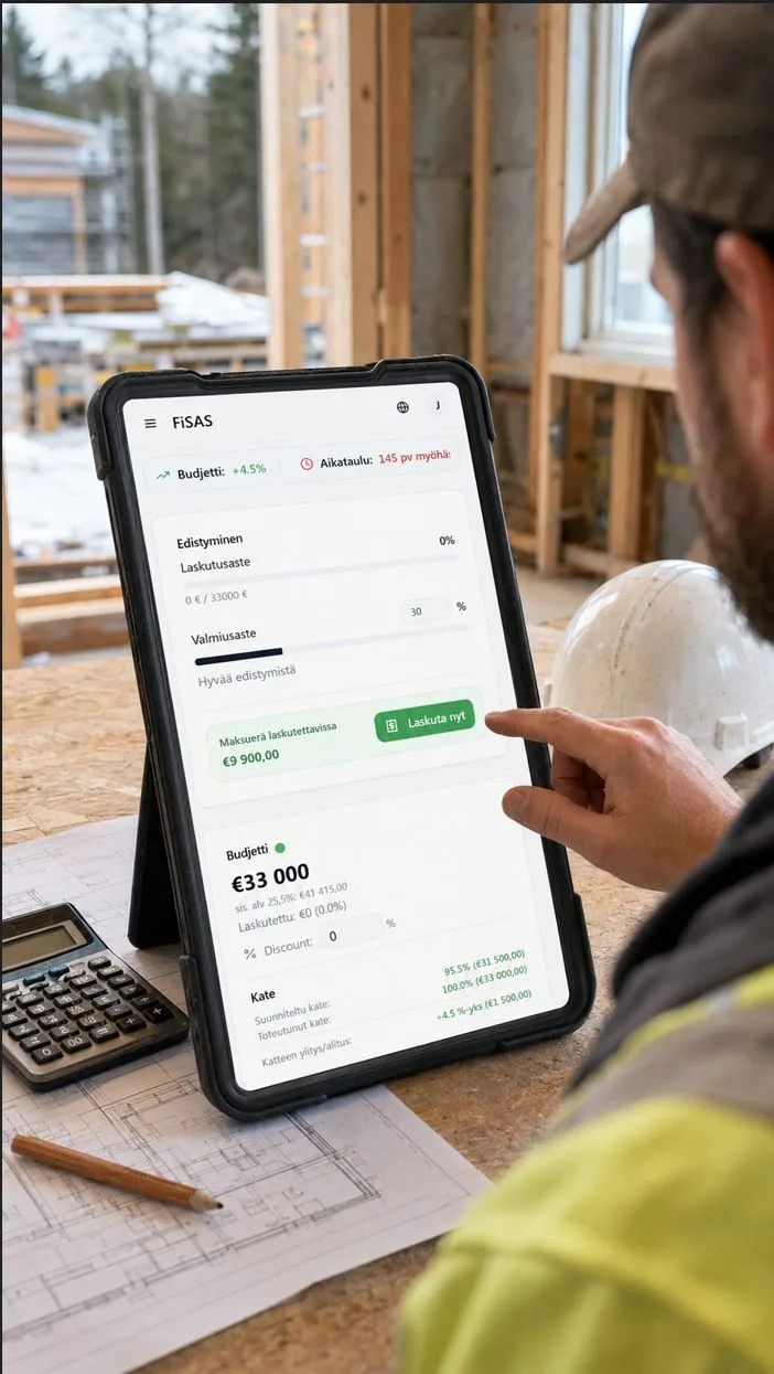 Projektin budjetti, kate ja laskutusaste tabletilla työmaalla