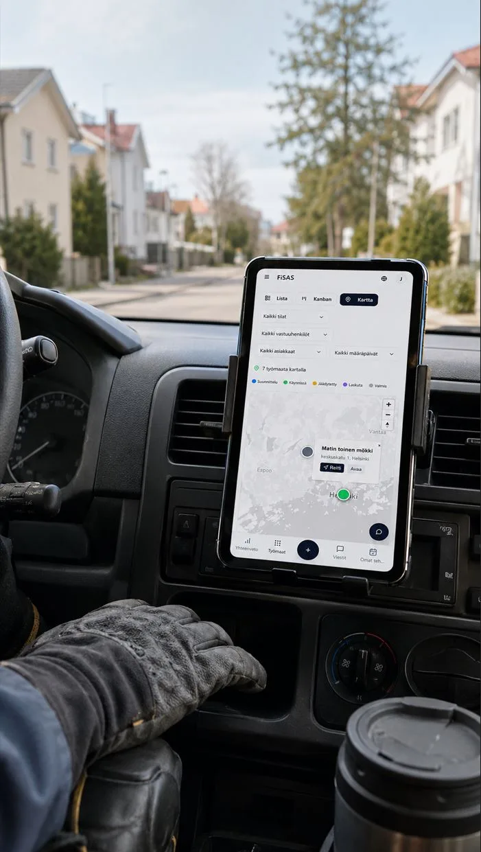 Työmaat näkyvät kartalla työautossa käytettävässä mobiilinäkymässä